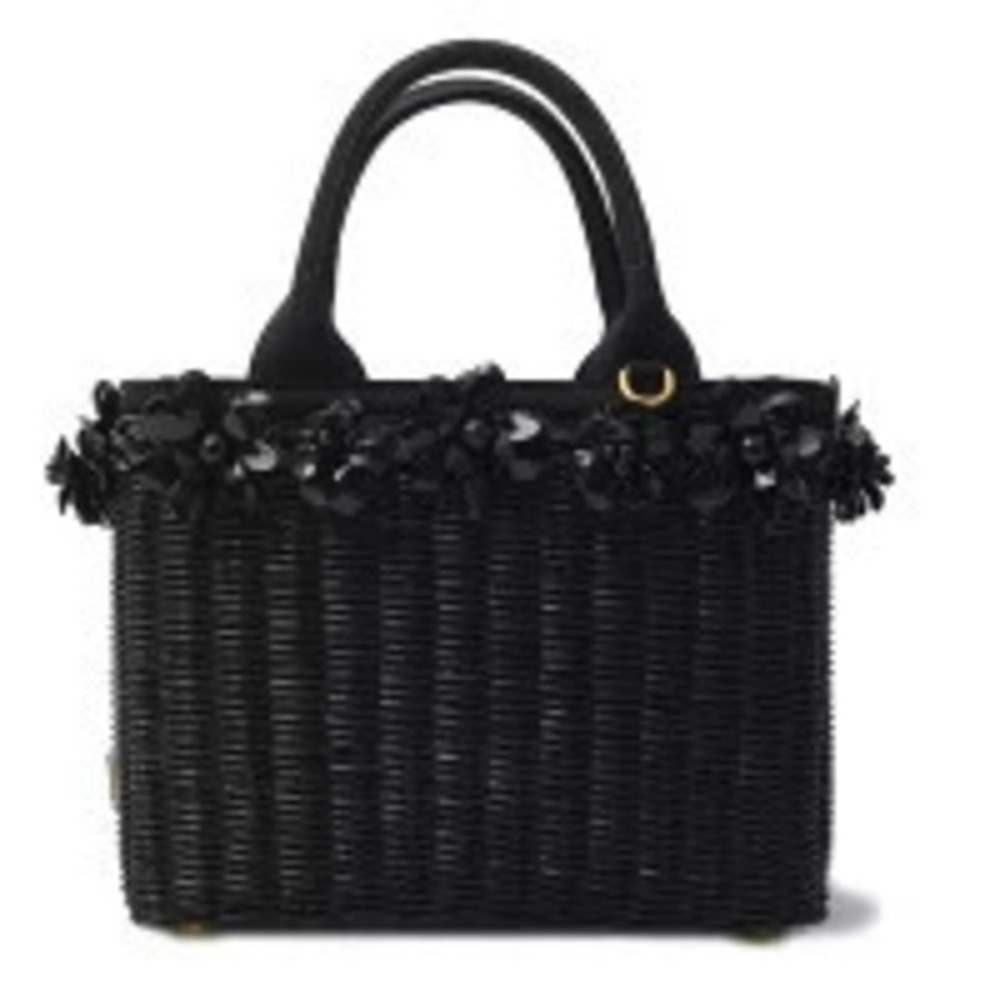 Prada Basket Bag Shoulder Straw Tan Handbag Flowers Black